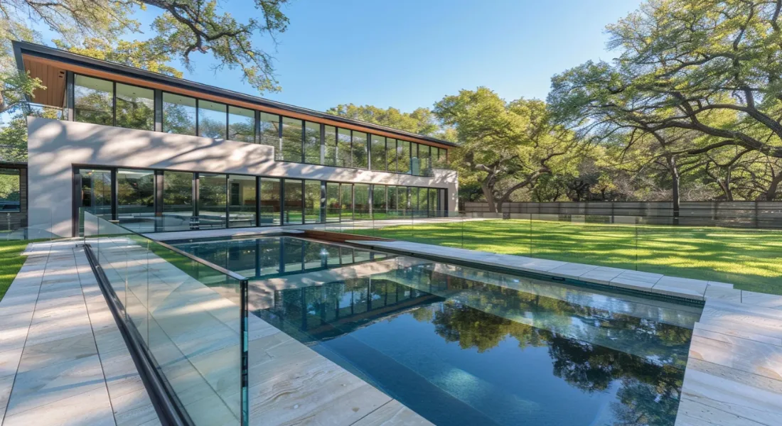 Frameless glass pool fence surrounding residential pool