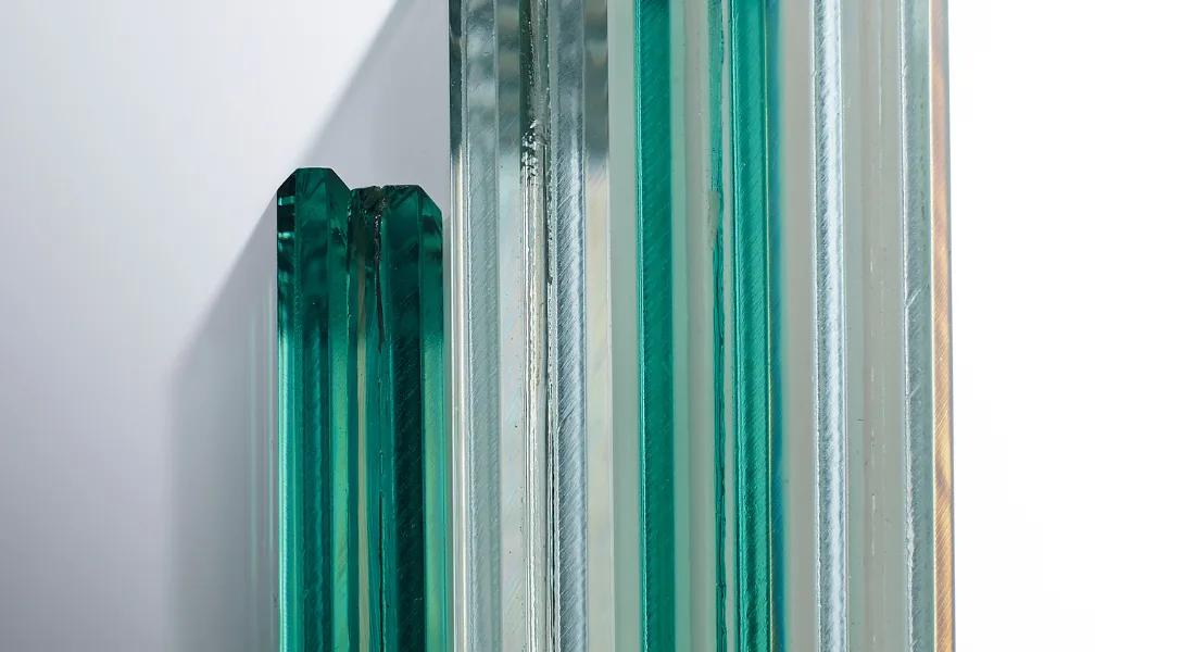 Tempered safety glass panel showing break pattern